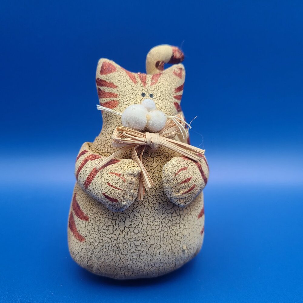Vintage Primitive Folk Art Crackle Canvas Orange Tabby Cat 4.75" High